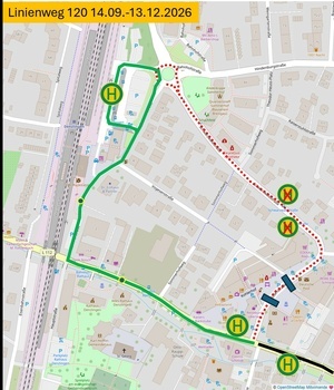 Linienf�hrung der Buslinie 120 in Denzlingen w�hrend der Sperrung zugunsten der tempor�ren Fu�g�ngerzone.