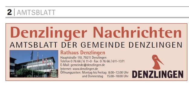 Foto Kopfzeile Amtsblatt "Denzlinger Nachrichten" mit Anschrift, Öffnungszeiten und Bildansicht Rathaus