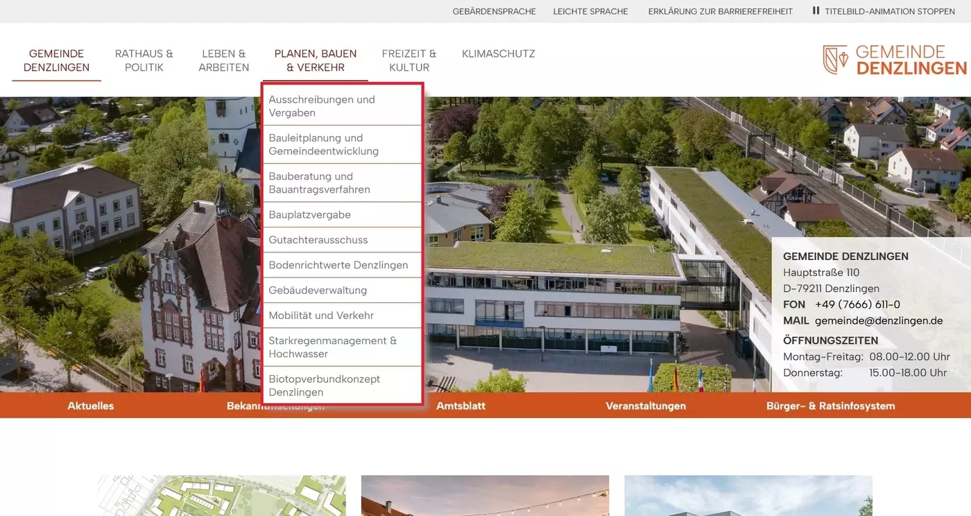 Men� Planen, Bauen und Verkehr