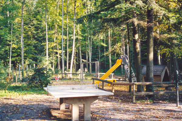 Eine Tischtennisplatte im Vordergrund eines Spielplatzes im Wald