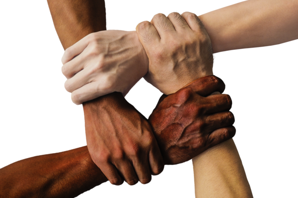 Vier Arme mit Händen die sich zusammen an den Armen halten