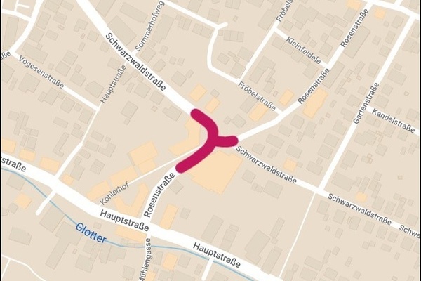 Kartenausschnitt Vollsperrung Kreuzung, Schwarzwaldstr./Rosenstra&szlig;e, Zeitraum 24.10. � 04.11.2022