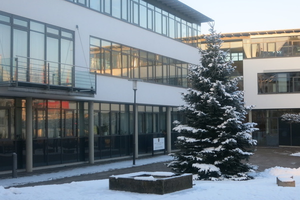  	 Rathaus Denzlingen mit Tannenbaum auf Rathausplatz