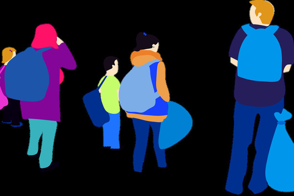 Grafische Darstellung von fnf Menschen mit Ruckscken und Taschen