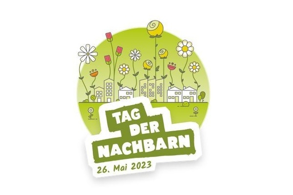 Runder, grüner Kreis mit gezeichneten bunten Blumen und Überschrift Tag des Nachbarn 26. Mai 2023