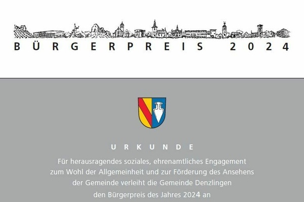 B&uuml;rgerpreis 2024 Urkunde - Schwarze und wei&szlig;e Schrift auf wei&szlig;em und grauen Untergrund. Denzlinger Wappen in gelb rot und blau.