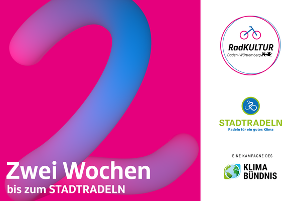 Zwei Wochen bis zum Stadtradeln. Logos der Veranstalter und Partner, blaue Zwei auf pinkem Untergrund