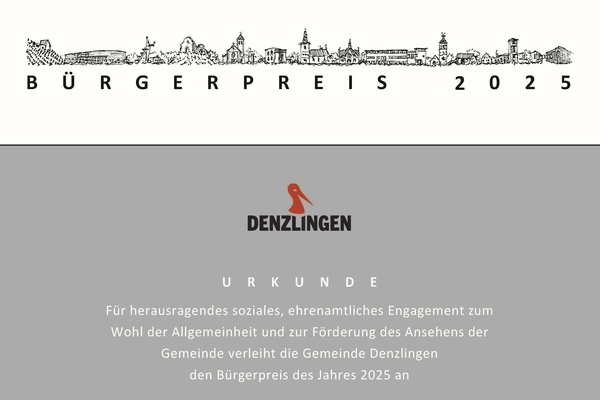 Brgerpreis 2024 Urkunde - Schwarze und weie Schrift auf weiem und grauen Untergrund. Denzlinger Wappen in gelb rot und blau.