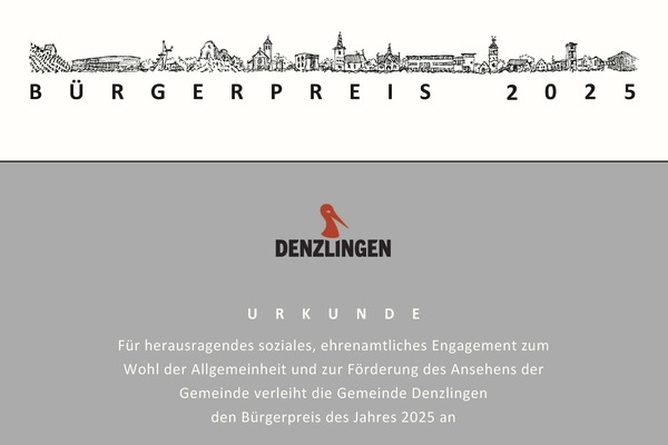 Bürgerpreis 2024 Urkunde - Schwarze und weiße Schrift auf weißem und grauen Untergrund. Denzlinger Wappen in gelb rot und blau.