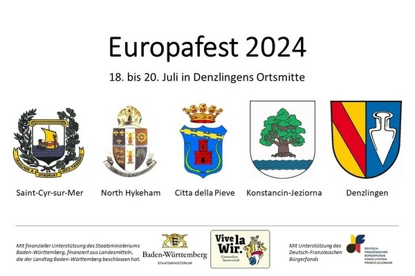 Die vier Wappen der Partnergemeinden Denzlingen, St. Cyr sur Mer, North Hykeham und Konstancin-Jeziorna - Europafest 2024