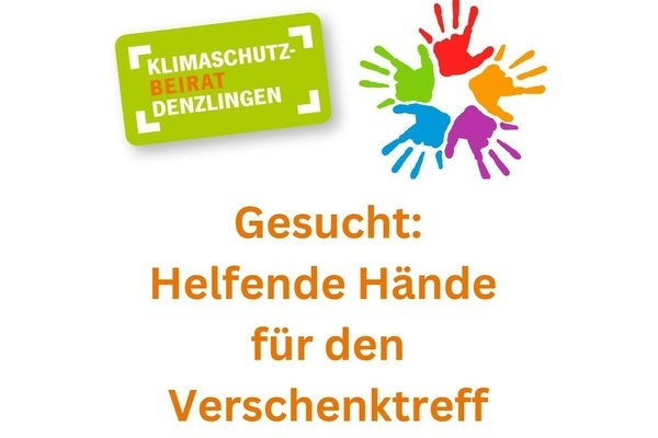 Logo des Klimaschutzbeirats Denzlingen. Weie und orangefarbene Schrift auf grnem Untergrund, bunte Handabrcke