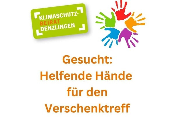 Logo des Klimaschutzbeirats Denzlingen. Weiße und orangefarbene Schrift auf grünem Untergrund, bunte Handabrücke