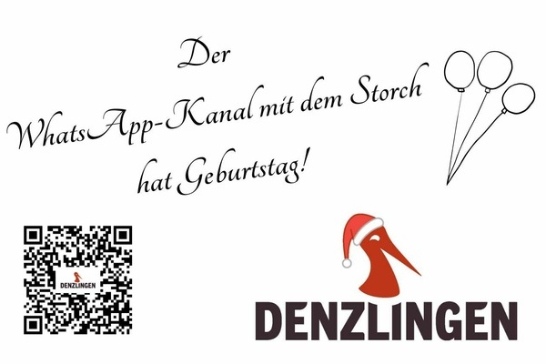 Der WhatsApp Kanal mit den Storch feiert Geburtstag. Schwarze Schrift auf wei&szlig;em Untergrund. Roter Storch