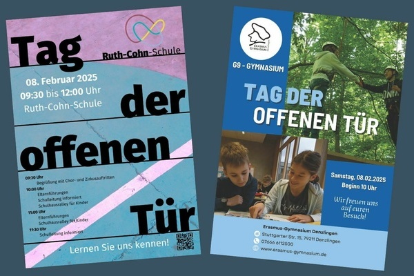 Die Flyer der Ruth-Cohn-Schule und des Erasmus Gymnasiums Denzlingen zum Tag der offenen Tr im Bildungszentrum am 08. Februar 2025.