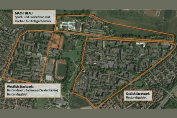 Luftaufnahme Denzlinger Stadtpark, Bildungszentrum und angrenzende Wohngebiete. Für die markierten Bereiche laufen Planungen für Nahwärmenetze. Foto: sinnology GmbH
