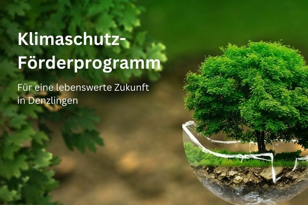 Baum in zerbrochener Glaskugel, weiße Schrift auf grünem Untergrund. Klimaschutz-Förderprogramm. Für eine lebenswerte Zukunft in Denzlingen