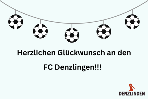 Fuball Wimpel, schwarze Schrift auf hellem Untergrund, Logo der Gemeinde Denzlingen, roter Storch, schwarze Schrift