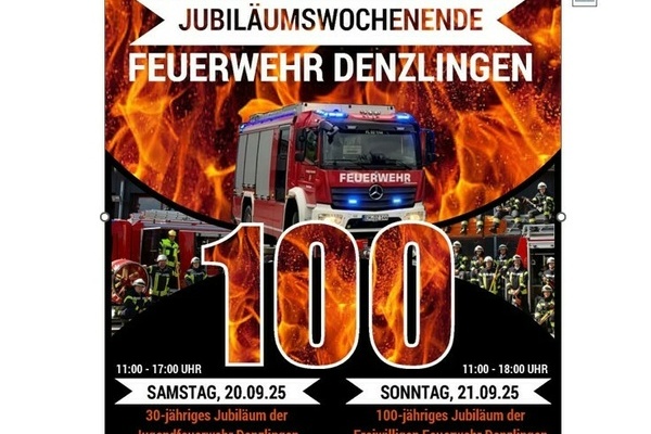 Flyer Jubil&auml;umswochenende Feuerwehr Denzlingen mit Feuerwehrfahrzeug und gro&szlig;er Zahl 100, Farbe flackerndes Feuer