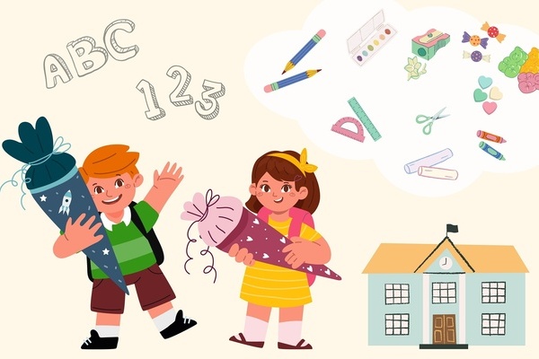 Ein Junge und ein M&auml;dchen mit Schult&uuml;te, im Hintergrund Schulutensilien, Buchstaben, Zahlen und ein Schulgeb&auml;ude