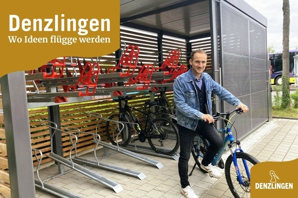 Denzlingen - Wo Ideen flügge werden. Fahrradsammelschließanlage und Person mit blauem Fahrrad Denzlingen - Wo Ideen flügge werden. Fahrradsammelschließanlage und Person mit blauem Fahrrad