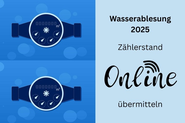 Blauer Hintergund, grafische Darstellung von zwei Wasseruhren. Schwarze Schrift.