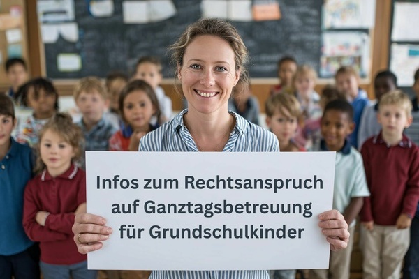 Mensch mit Plakat, graue Schrift auf wei&szlig;em Untergrund: Rechtsanspruch auf Ganztagsbetreuung f&uuml;r Grundschulkinder. Im Hintergrund Kinder in einem Klassenzimmer.