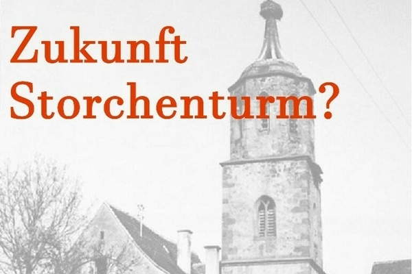 Schwarz-wei&szlig; Aufnahme des Storchenturms in Denzlingen, dar&uuml;ber orangefarbene Schrift und das Gemeindewappen in schwarz.