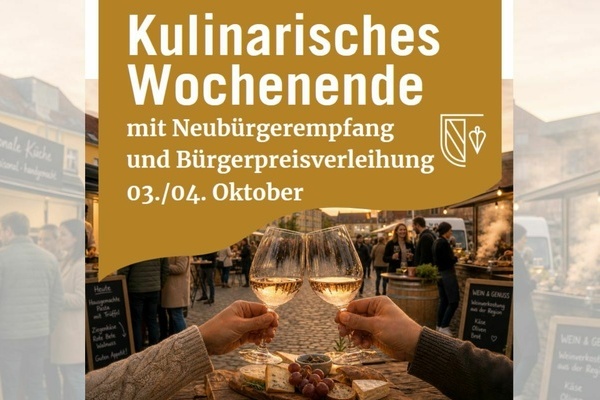 KI-generiertes Bild der Lebendigen Ortsmitte Denzlingen mit &Uuml;berschrift: Kulinarisches Wochenende mit B&uuml;rgerpreisverleihung, 03. & 04. Oktober