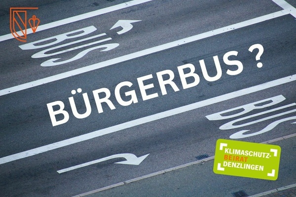 Umfrage B&uuml;rgerbus, grauer Untergrund, wei&szlig;e Schrift, Logo des Klimaschutzbeirats, Logo der Gemeinde Denzlingen