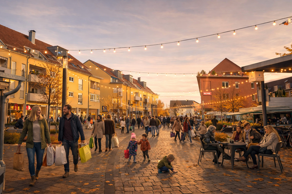 KI-generiertes Bild der Lebendigen Ortsmitte Denzlingen - zu sehen ist eine Fu&szlig;g&auml;ngerzone, in der Menschen unterschiedlichen Alters und unterschiedlicher Herkunft flanieren oder sich aufhalten. 