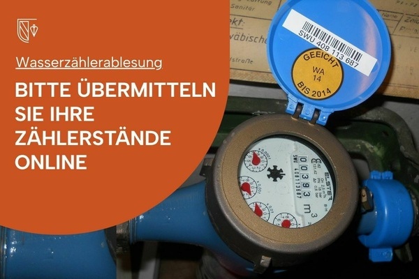 Wasserz&auml;hler. Links im Bild ein Aufruf, die Z&auml;hlerst&auml;nde online zu &uuml;bermitteln. 