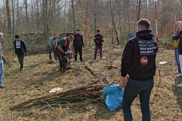 Waldpflanzaktion: mehrere Personen pflanzen Bume auf einem unbepflanzten Waldgrundstck