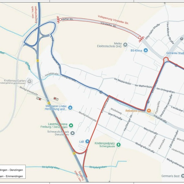 Karte, grafische Darstellung der Verkehrsführung in Denzlingen für Vollsperrung der Vörstetter Straße Karte, grafische Darstellung der Verkehrsführung in Denzlingen für Vollsperrung der Vörstetter Straße