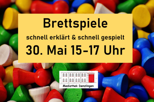 Bunte Spielfiguren, gelber Hintergrund, schwarze Schrift: Brettspiele