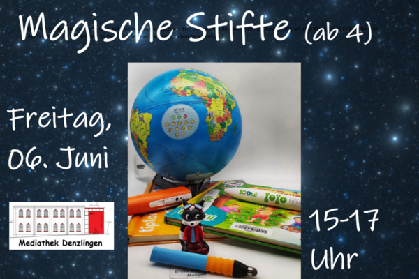 Sternenhimmel, weie Schrift auf dunklem Untergrund, mittig ein Bild von einem Globus und verschiedenen digitalen Stiften