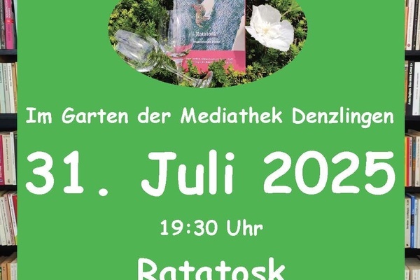 Plakat Lesegarten 2025 des Fördervereins der Mediathek Denzlingen. Weiße Schrift auf grünem Untergrund. Plakat Lesegarten 2025 des Fördervereins der Mediathek Denzlingen. Weiße Schrift auf grünem Untergrund.