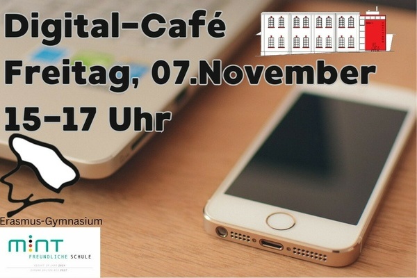 Smartphone auf einem Tisch liegend, Logo der Mediathek Denlzingen, schwarze Schrift auf variierendem Hintergrund