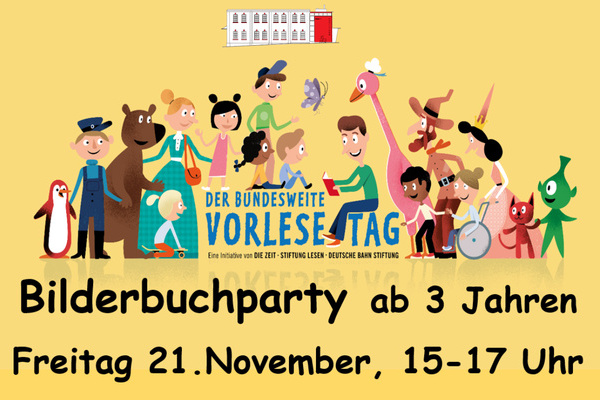 Mediathek Bilderbuchparty, dunkle Schrift auf gelbem Untergrund