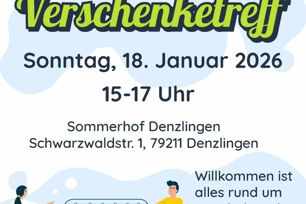 Verschenktreff Plakat - dunkle Schrift auf hellem Untergrund, grafische Elemente