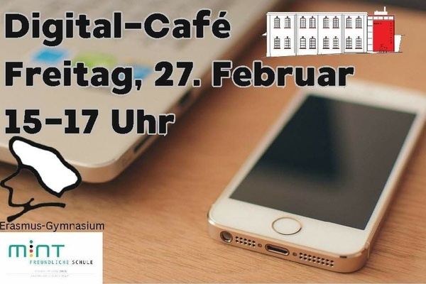 Flyer Digital Cafe - Smart Phone im Hintergrund. Schwarze Schrift im Vordergrund
