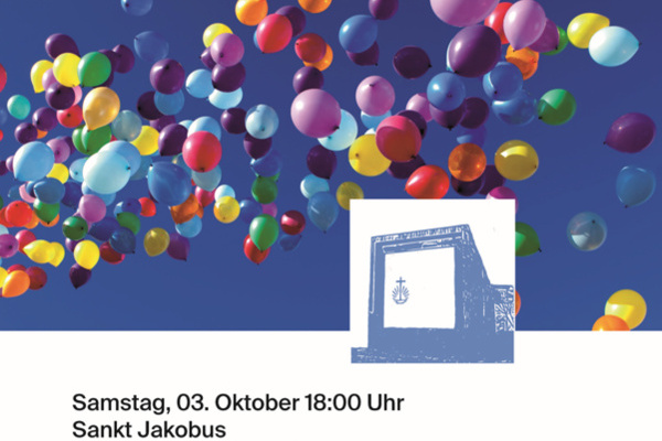 Plakat zum Benefizkonzert zum 100j�hrigen Jubil�um der Neuapostolischen Gemeinde Denzlingen. Blauer Himmel und unz�hlige bunte Luftballons