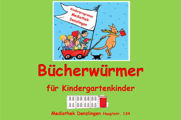 Bcherwrmer - Mediathek Denzlingen, rote Schrift auf grnem Untergrund